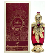 Afnan Sultanah perfume oil bottle with red liquid and gold packaging
